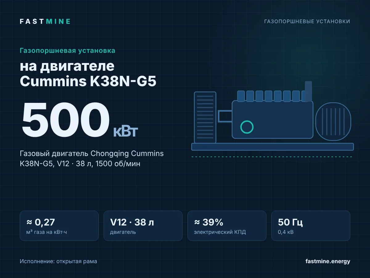 Газопоршневая установка 500 кВт на двигателе Cummins K38N-G5, открытое исполнение