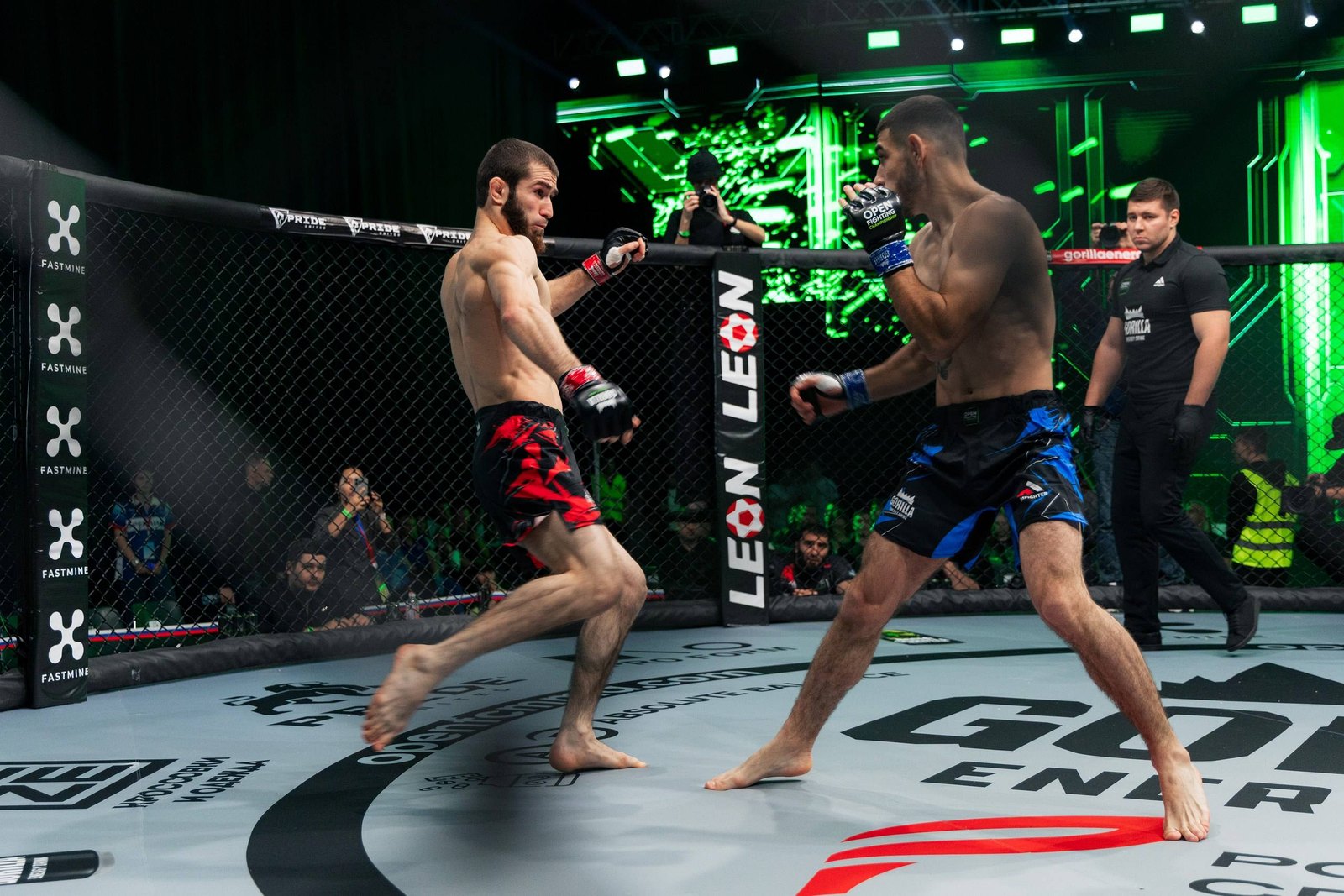Удар в стойке на турнире Open Fighting Championship, стойки октагона с логотипом FastMine
